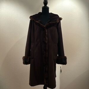 Gallery Brown Button Down Faux Fur Coat With Hood